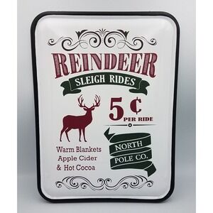 Reindeer Sleigh Rides Farmhouse Metal Enamel Sign 5 cents Vintage Style 16" x12"